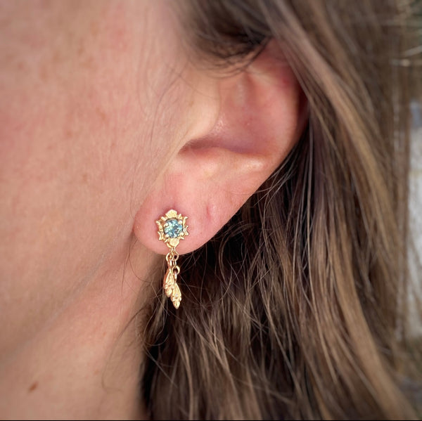 Myth and Stone Fortuna Drop sapphire earrings on model