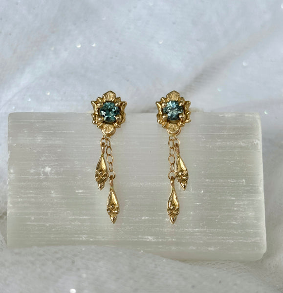 Myth and Stone Fortuna Drop sapphire earrings in sunlight