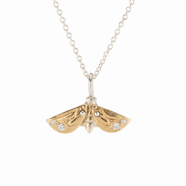 Myth and Stone Metaphora Moth necklace in silver and gold