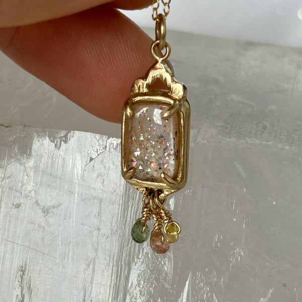 Myth and Stone Temple of Joy rainbow lattice sunstone pendant, view of moonstone