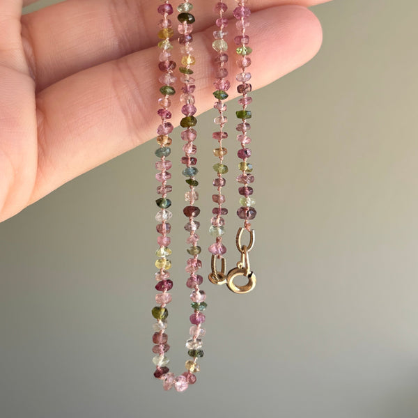 Myth and Stone Hand Knotted Silk Tourmaline necklace hanging