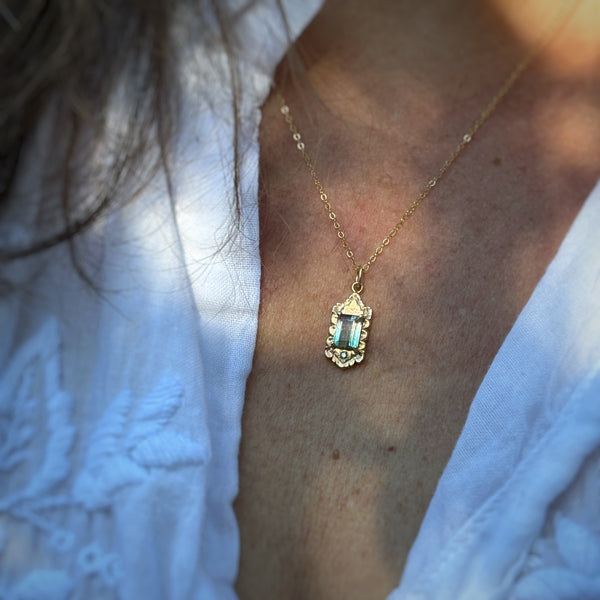 Myth and Stone Temple of Peace pendant on model