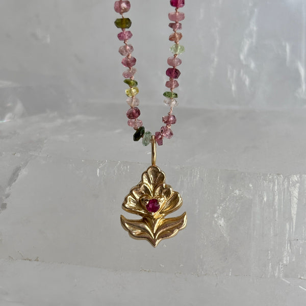 Myth and Stone Ostara ruby pendant on hand knotted tourmaline necklace
