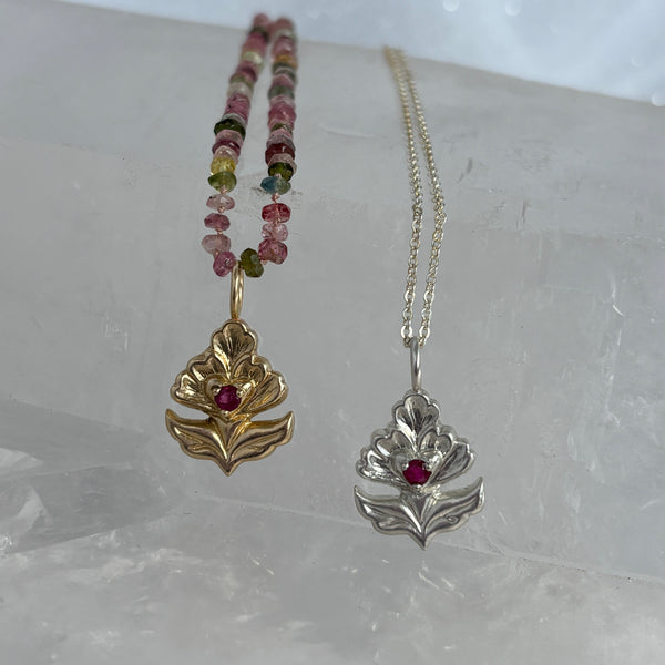 Myth and Stone Ostara ruby pendants on chains