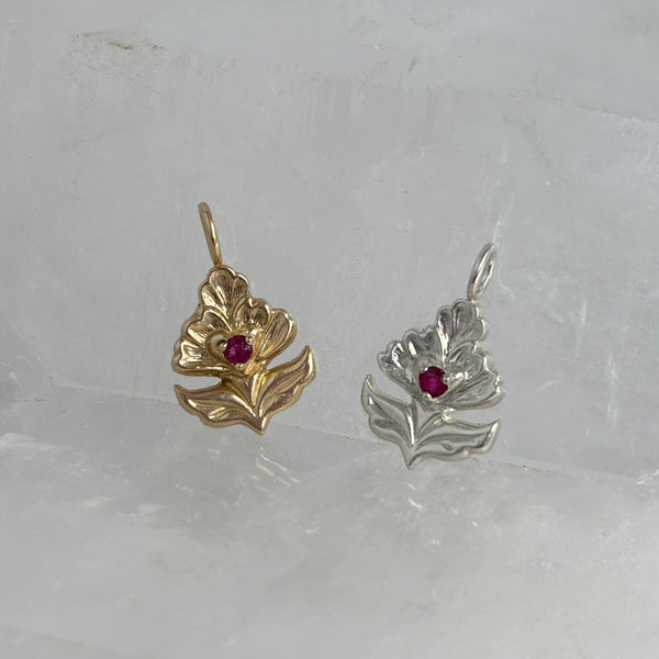 Myth and Stone Ostara ruby pendants in silver and gold