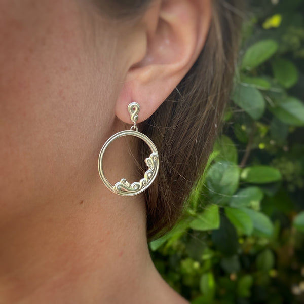 Myth and Stone Thalia drop hoop earrings on model(no stone version)