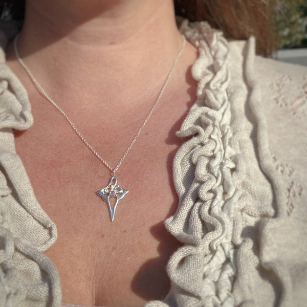 Myth and Stone Lyra moonstone pendant on model