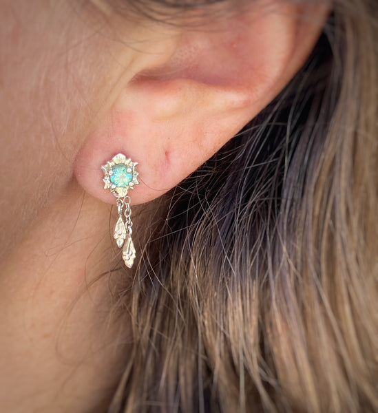 Myth and Stone Fortuna Drop tourmaline earrings in silver on model