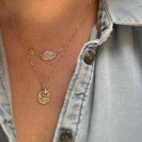 Myth and Stone Silver Linings opal cloud necklace on model
