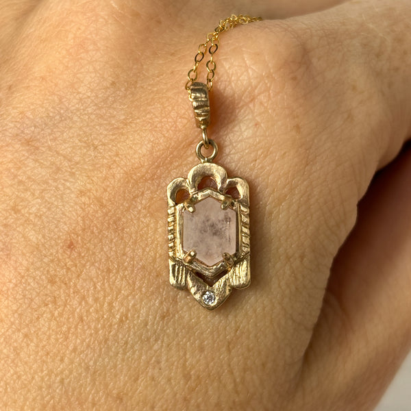 Myth and Stone Temple of Love morganite pendant on hand
