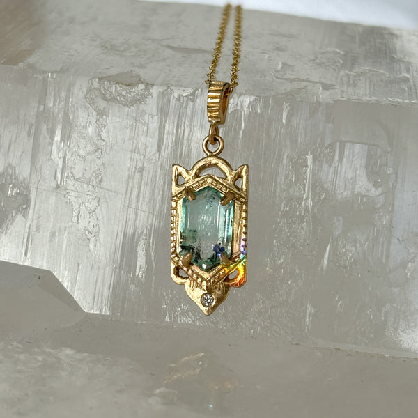 Myth and Stone Temple of Hope green beryl pendant with rainbow