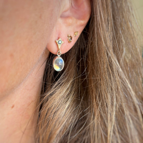 Myth and Stone Rainbow Moon earrings on ear