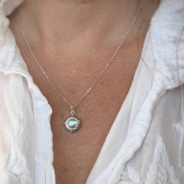 Myth and Stone Moon's Daughter silver pendant on model