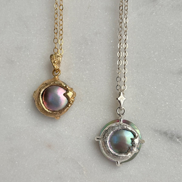 Myth and Stone Moon's Daughter pearl pendants in silver and gold