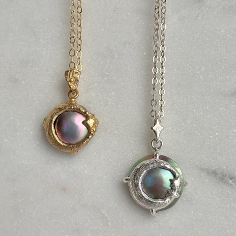 Myth and Stone Moon's Daughter pearl pendants in silver and gold