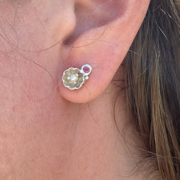 Myth and Stone Blossom studs in silver on model