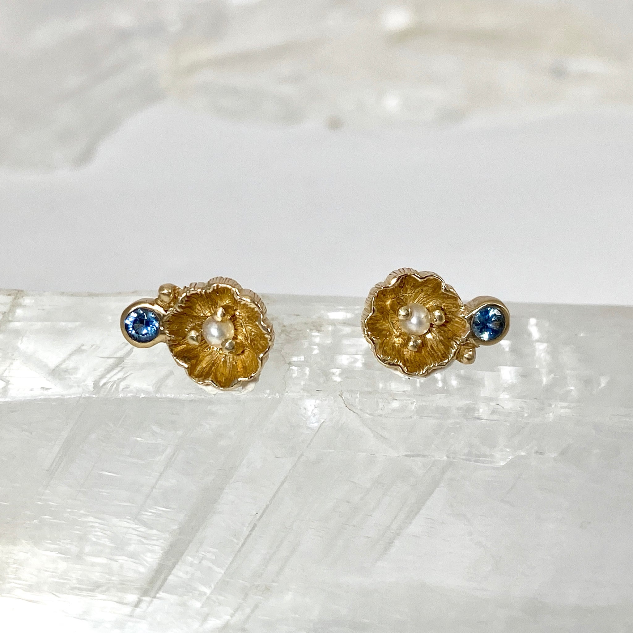 Myth and Stone Blossom sapphire studs with pearls in gold
